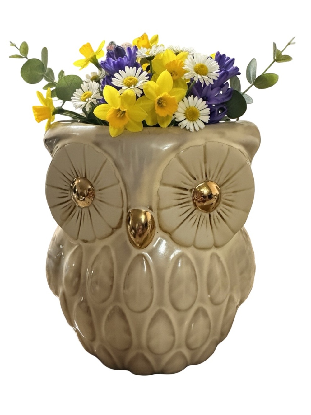 Vintage world market Ceramic Owl Jar in Ivory with lid and Gold Accents